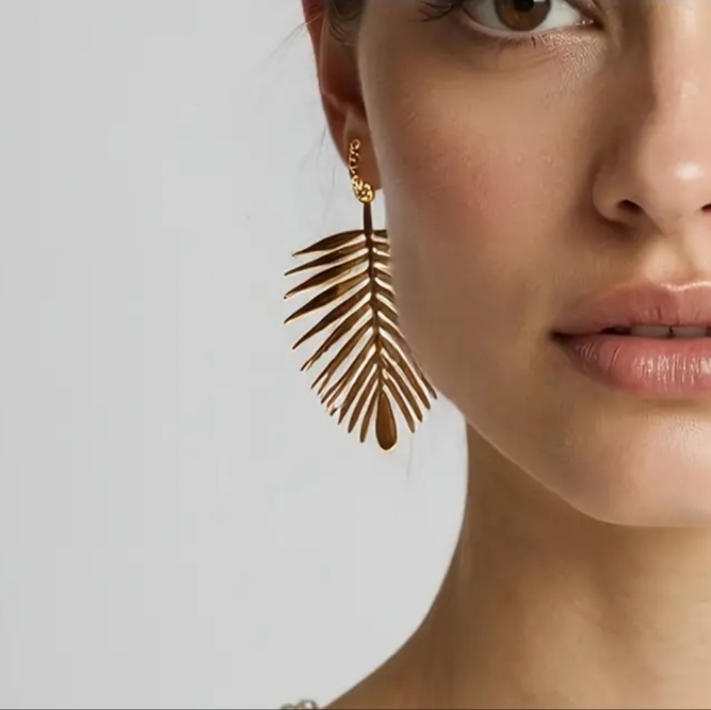 New! Statement Gold Plated Leaf Dangle Hook Earri… - image 1